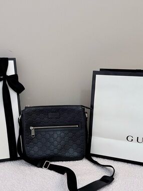Gucci Black Monogram Leather Messenger Bag